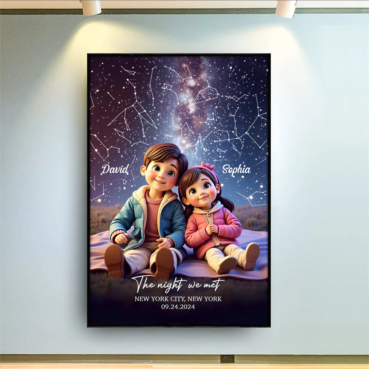 Cartoon Couple Sitting Under the Starry Night Personalized Poster, Custom Star Map by Date & Location, Anniversary, Birthday Gift for him, Gift for her