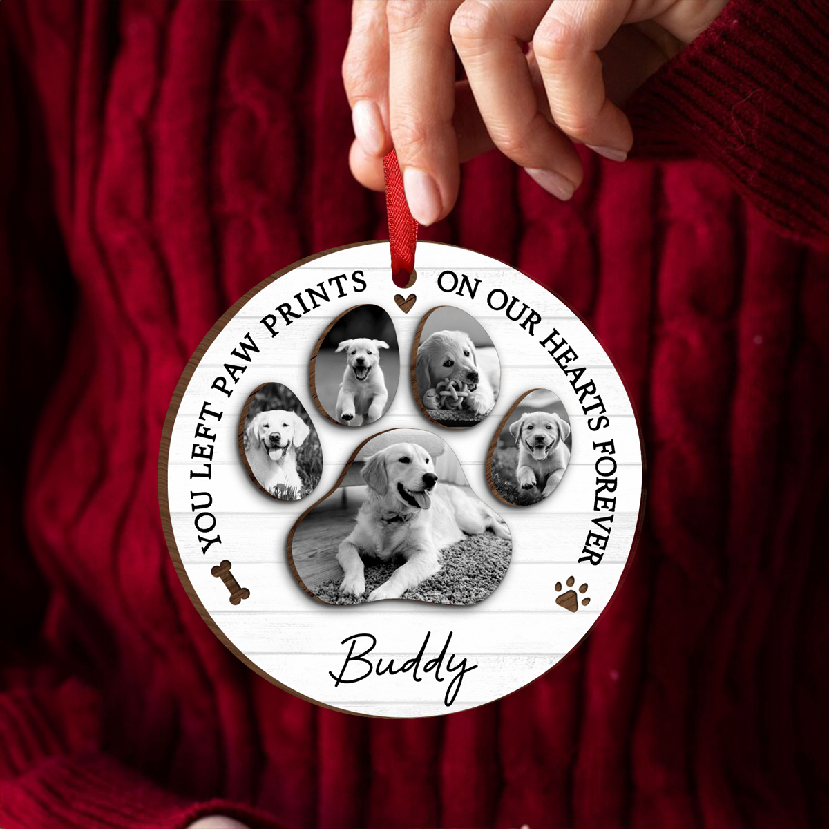 You Left Paw Prints On Our Hearts Photo Inserted Personalized Wooden Ornament