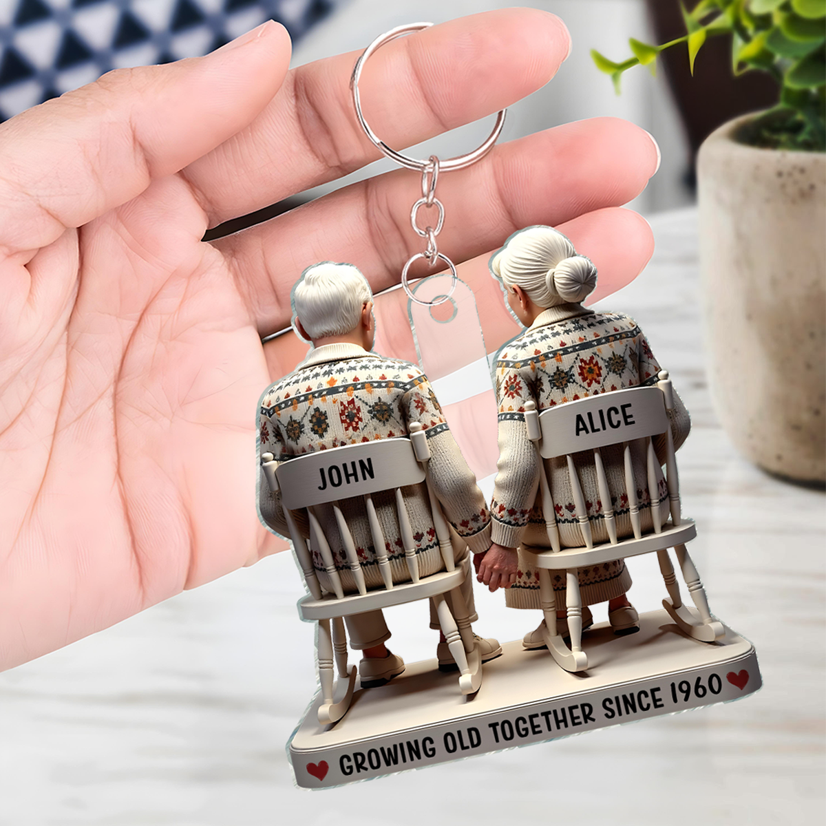 3D Effect Old Couple Holding Hands Sitting Together Personalized Keychain, Heartfelt Gift For Couple, For Him, For Her, Husband, Wife