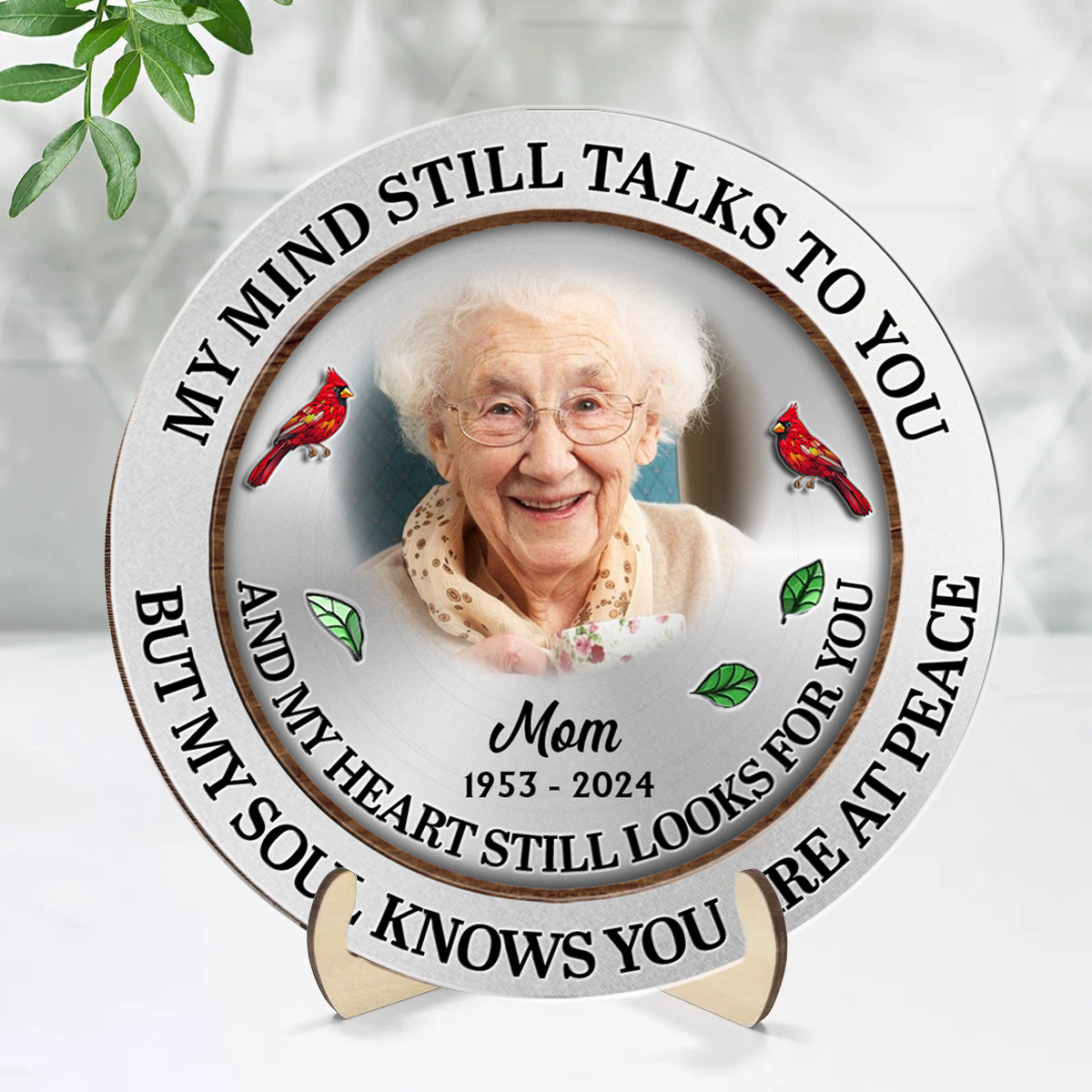 Custom Photo Memorial My Mind Still Talks To You - Personalized 2-Layered Wooden Plaque With Stand