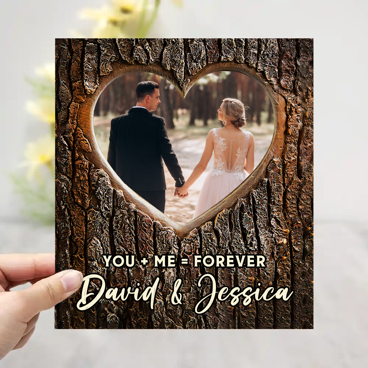 Custom Photo Pencil Drawing Carved In Love Couple You + Me = Forever - Personalized 2-Layered Wooden Plaque With Stand
