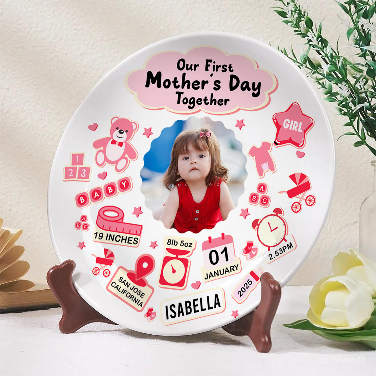 Custom Photo Our First Mother's Day Information Icon - Personalized Ceramic Plate