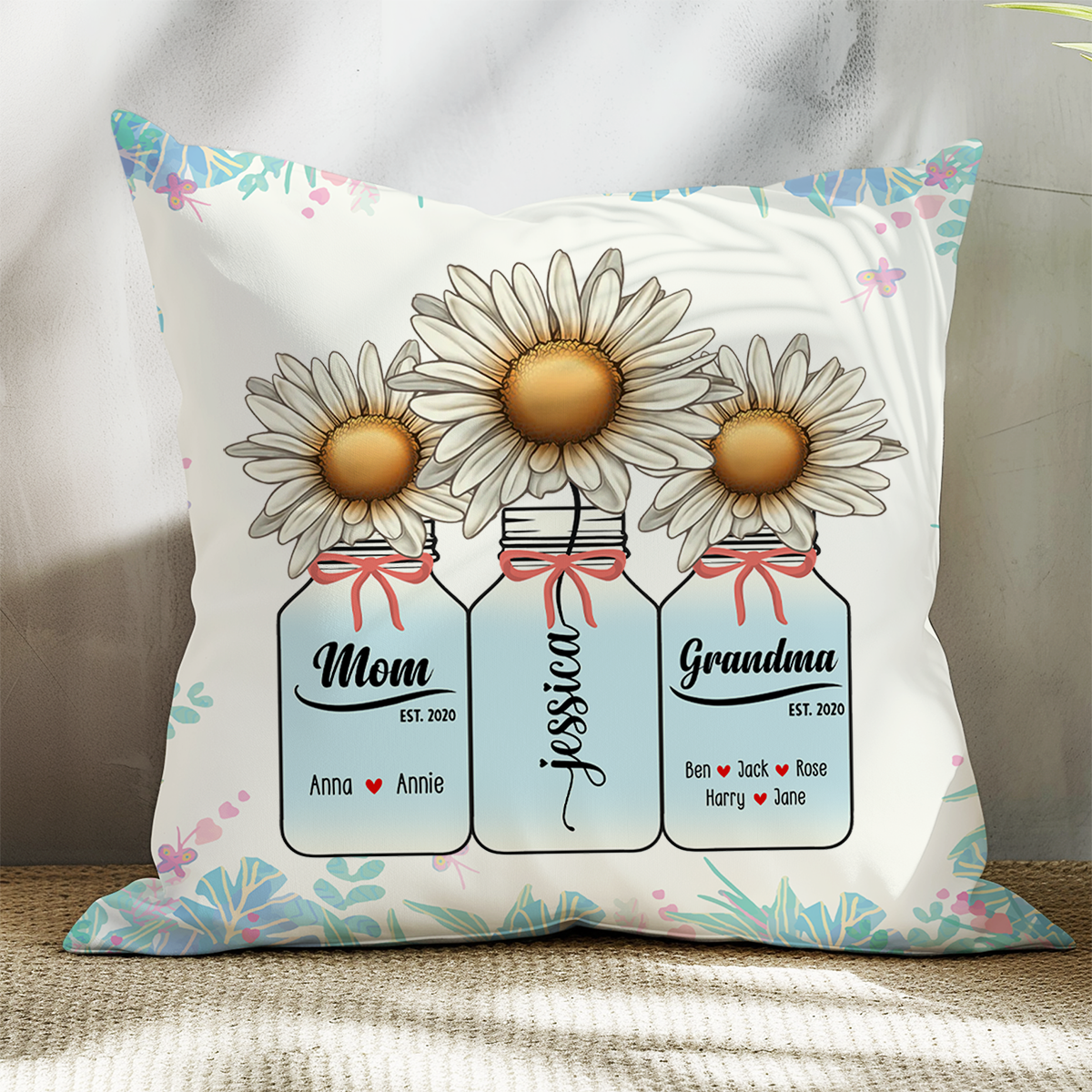 Birth Flower Mason Jar Mom Grandma - Personalized Pillow