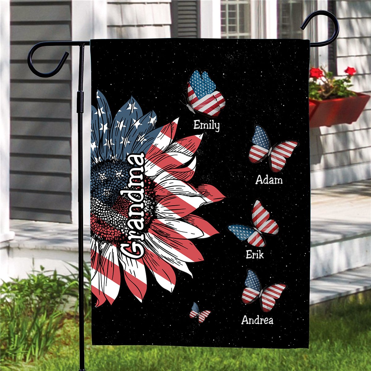4th July - Sunflower Nana Butterfly Kids - Personalized Garden Flag - Makezbright Gifts