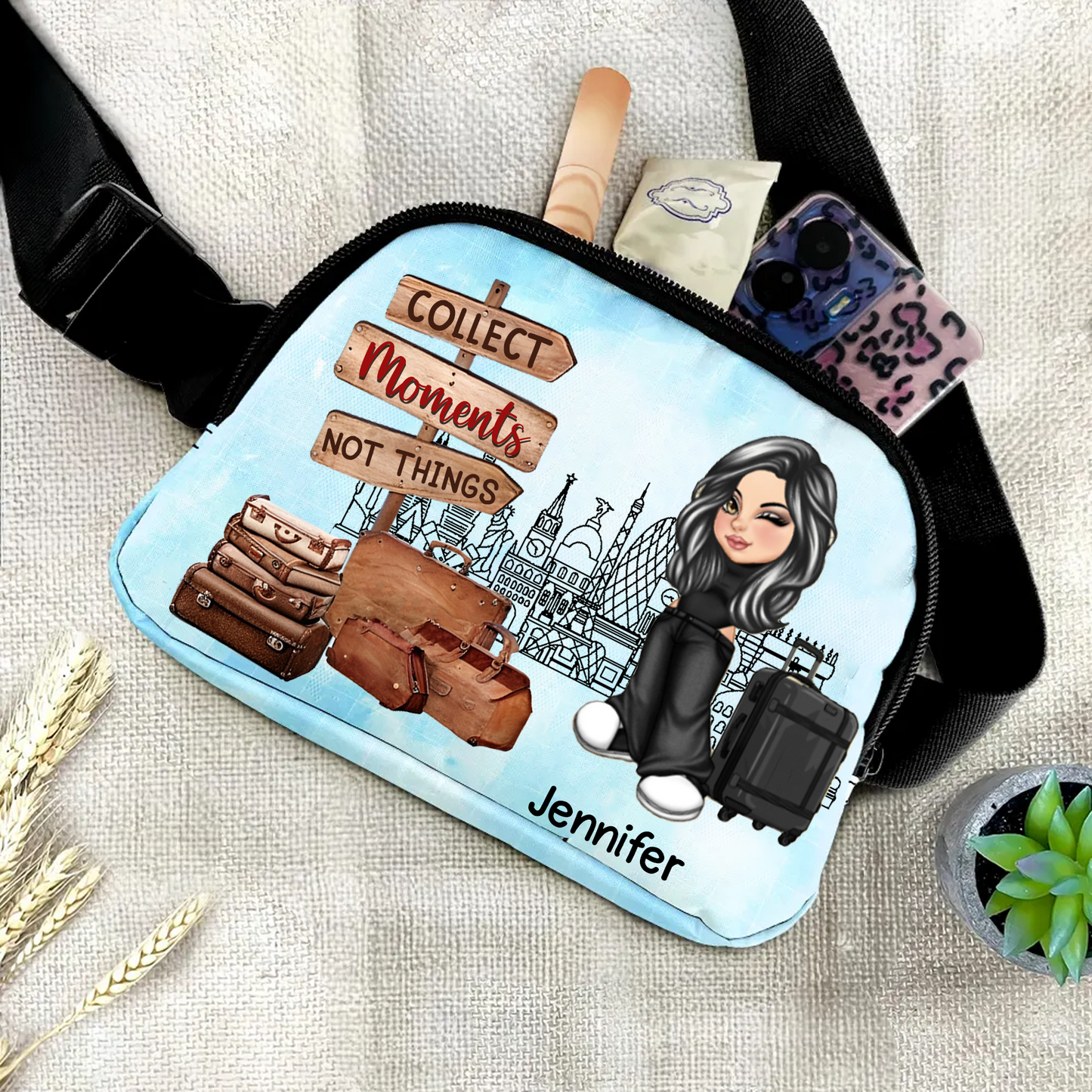 Collect Moments Not Things Travel Is My Therapy - Personalized Crossbody Belt Bag