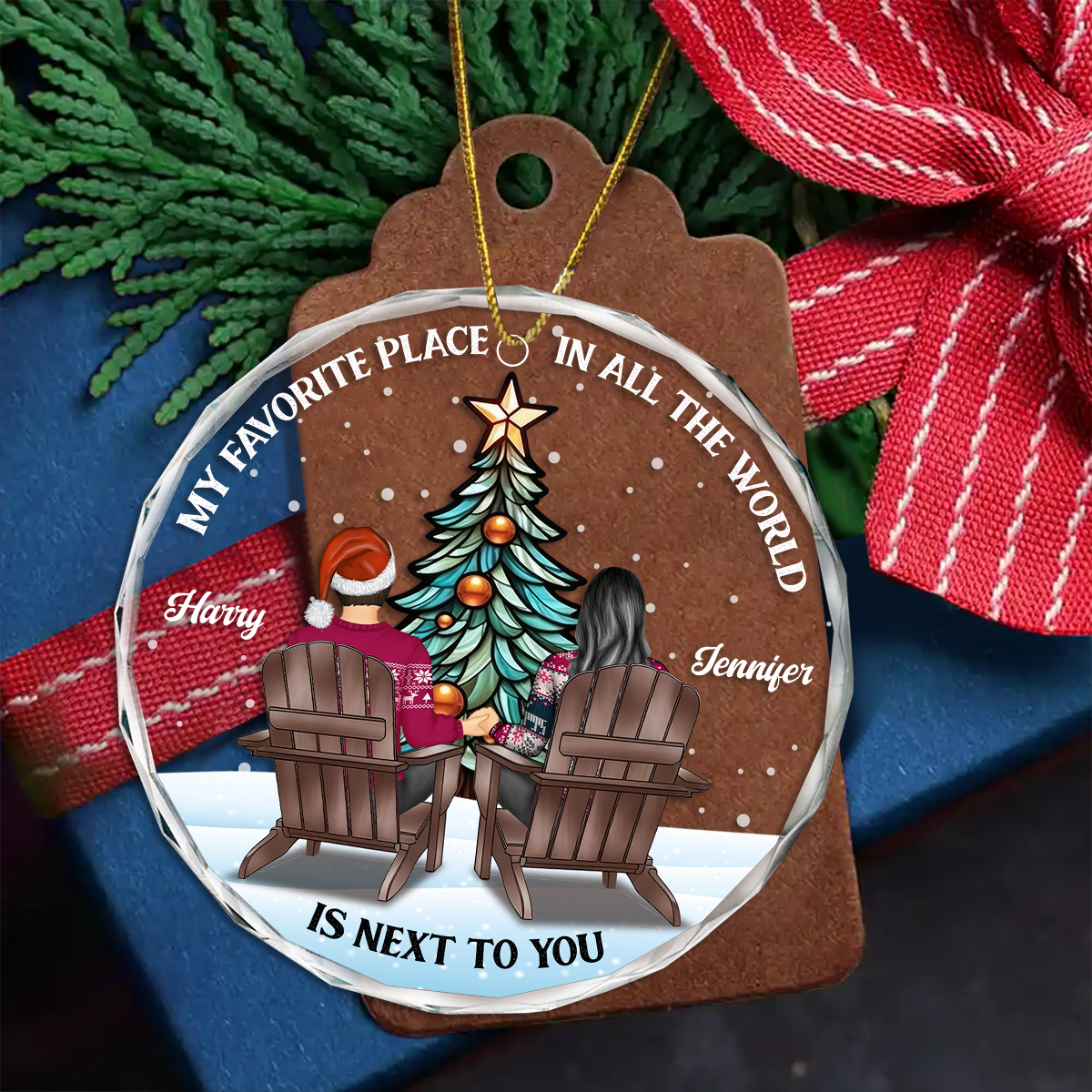 Couple Sitting Christmas Favorite Place In All The World - Personalized Circle Acrylic Ornament