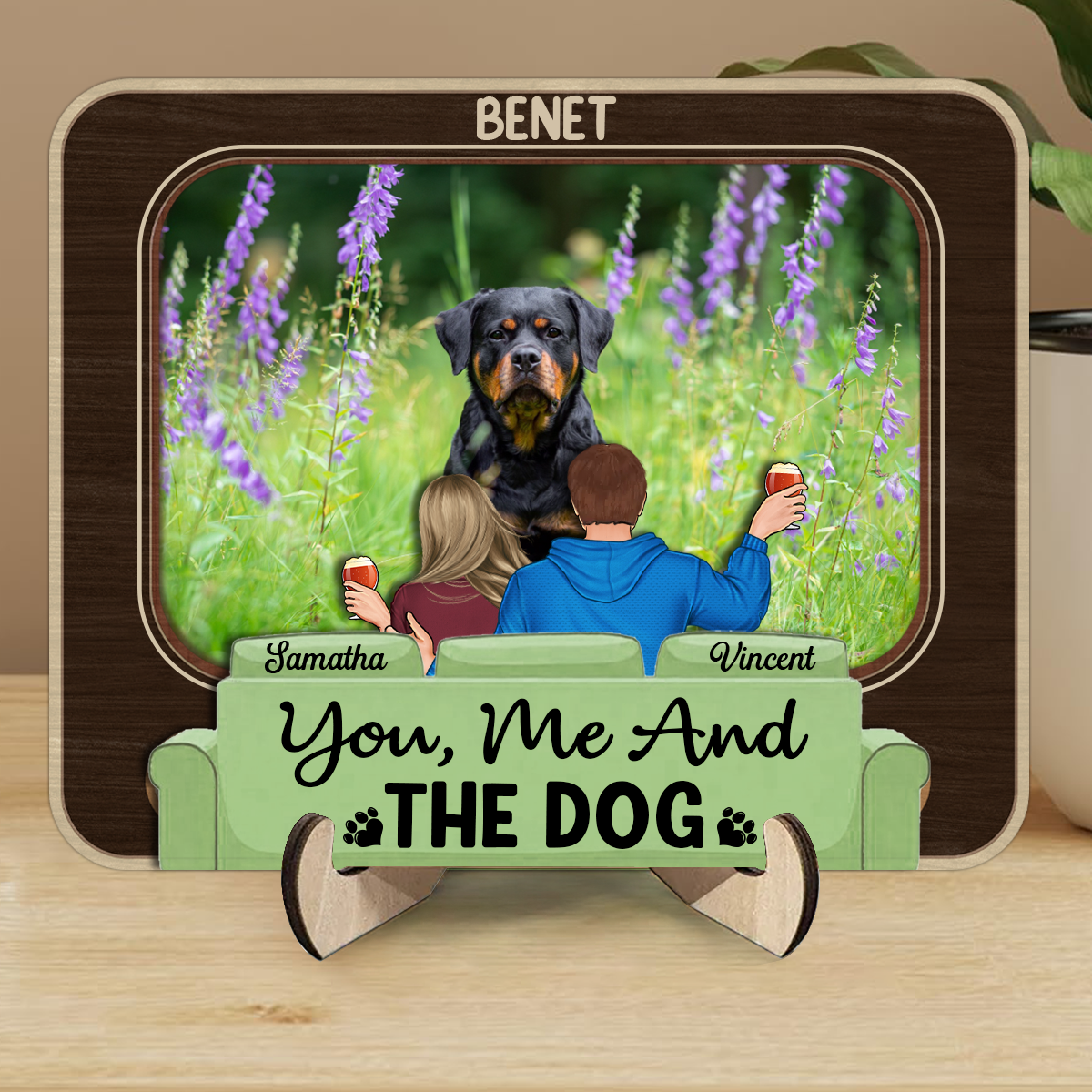 Custom Photo You, Me And The Dog Cat - Personalized 2-Layered Wooden Plaque With Stand