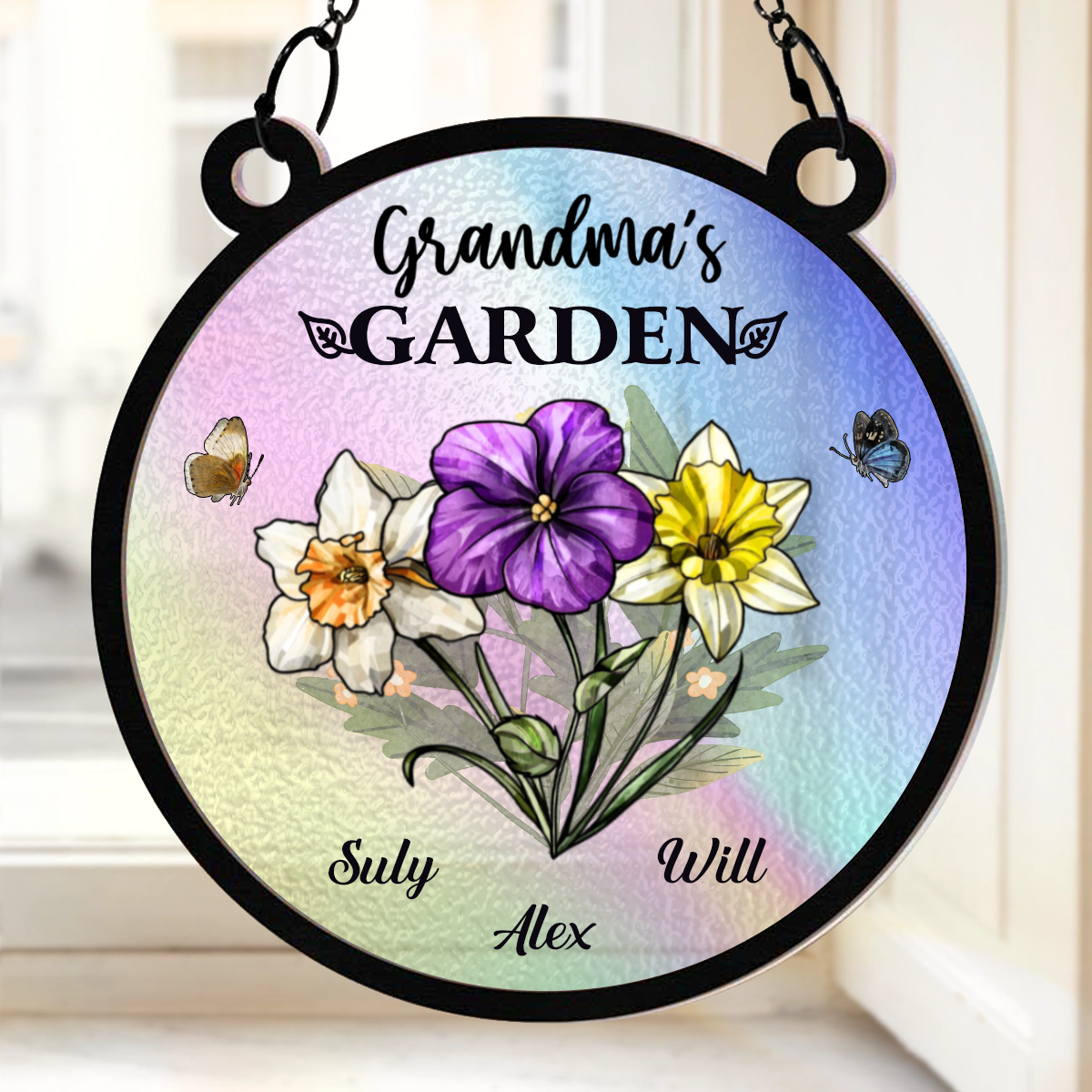Holography Grandma's Garden Birth Flower - Personalized Window Hanging Suncatcher Ornament