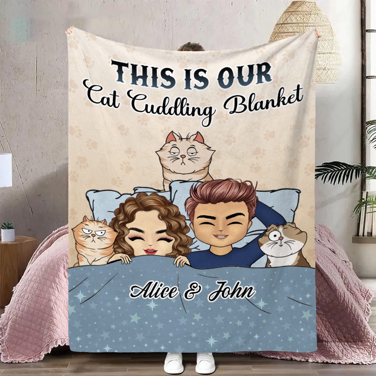 Our Cat Cuddling Blanket Chibi Couple - Personalized Blanket