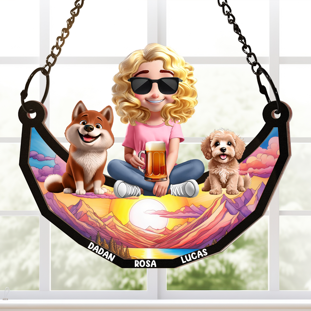 3D Cartoon Dog And Women Sit On The Moon - Personalized Window Hanging Suncatcher Ornament