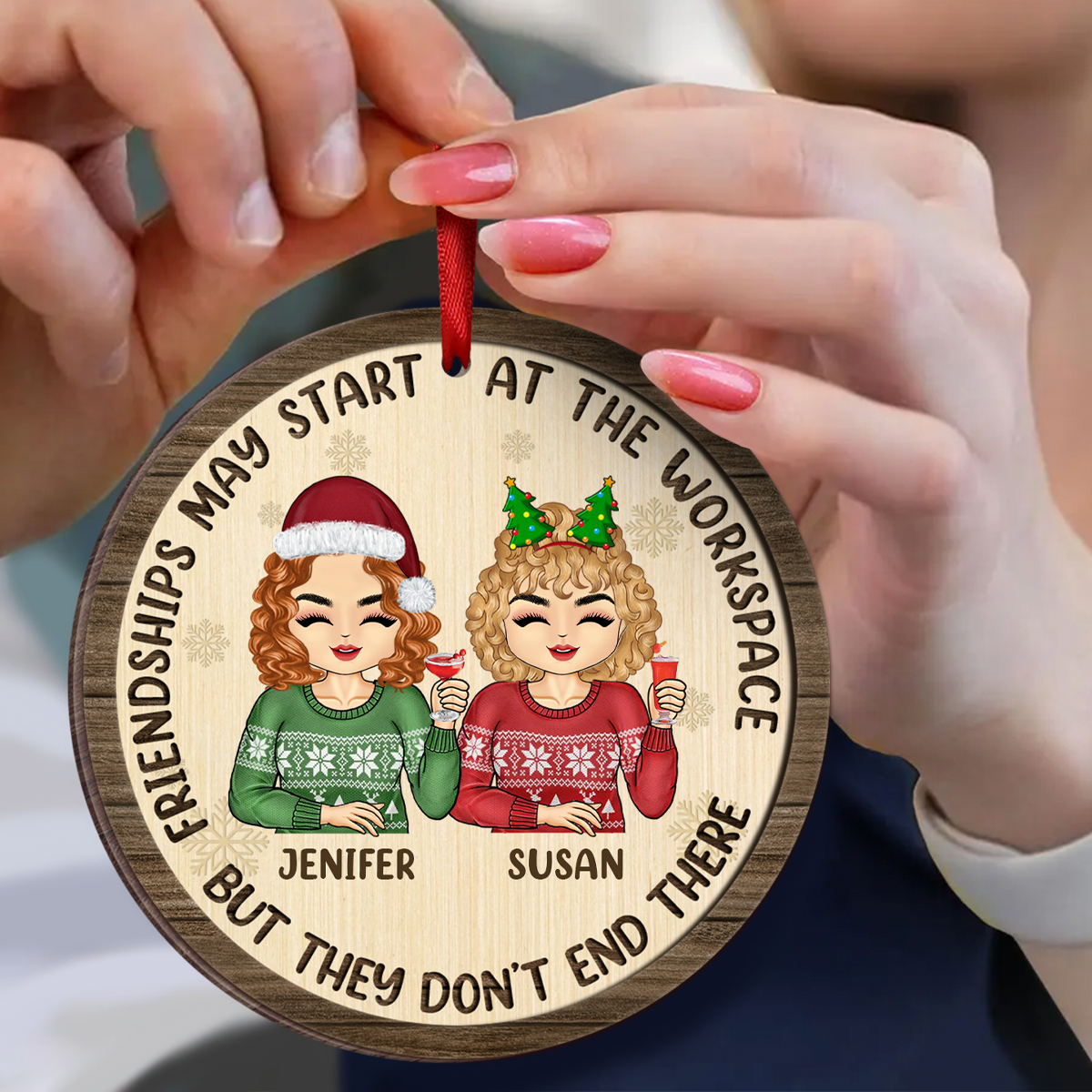 Friendships May Start At The Workplace Christmas Chibi - Personalized Wooden Ornament