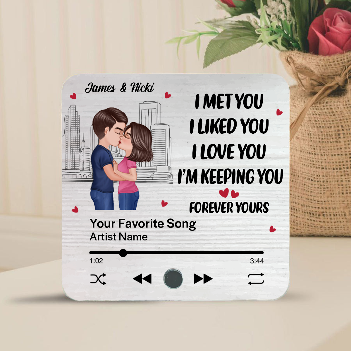 Skyline Couple Kissing I Met You Personalized Music Fridge Magnet, Heartfelt Gift For Couple, For Him, For Her, Boyfriend, Girlfriend, Husband, Wife