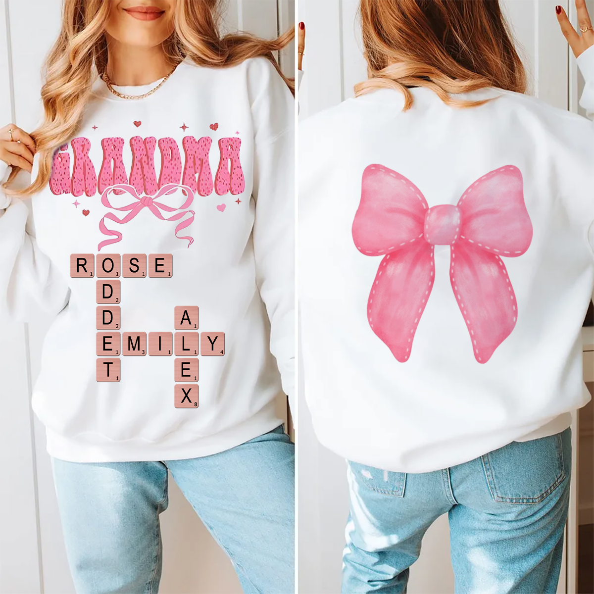 Grandma Nana Mimi Pink Coquette Crossword Puzzle Gift Personalized Double Sided Sweatshirt