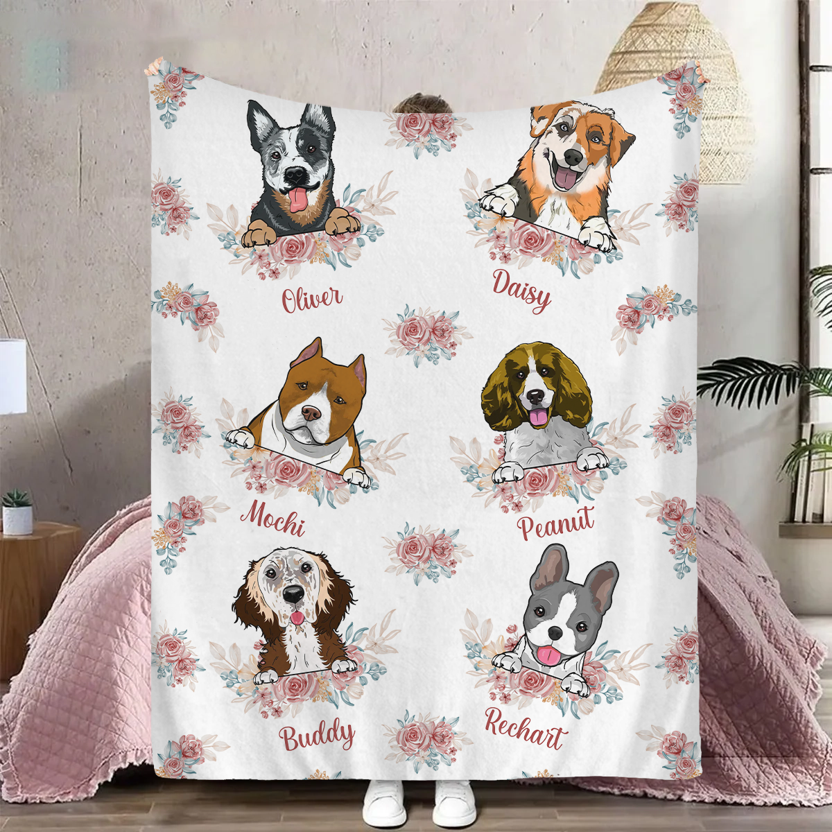 Floral Peeking Dogs Name Personalized Fleece Blanket