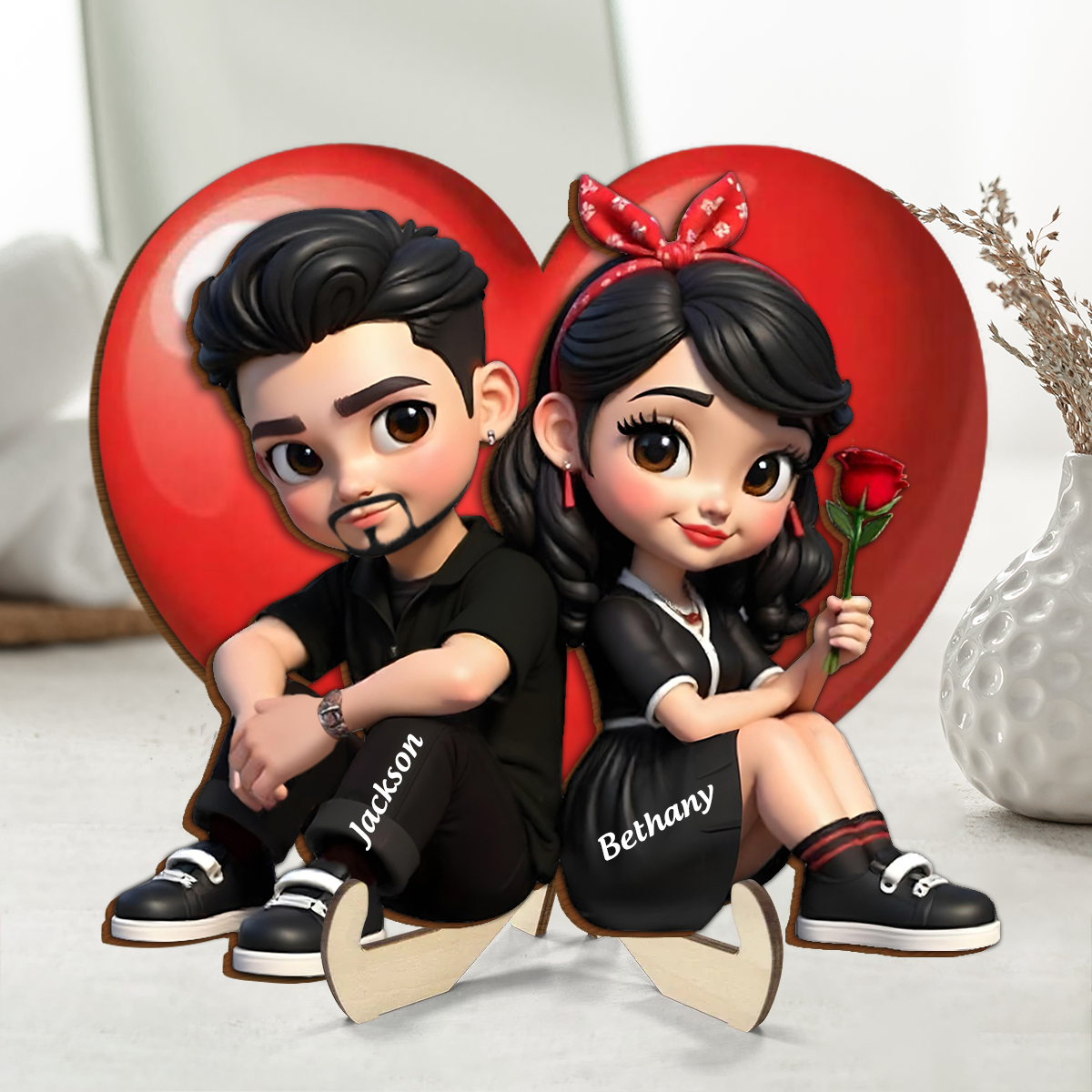 Pretty Couple Roses Heart Personalized Wooden Plaque, Heartfelt Anniversary Gift, 2025 Valentine's Day Gift for Couples