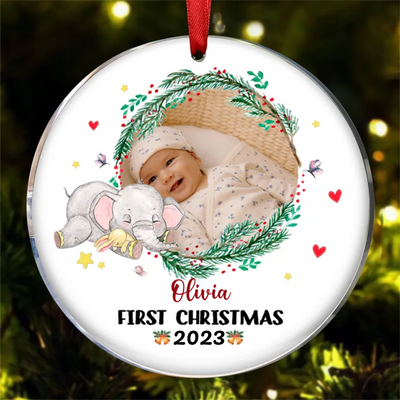 Baby - Baby Elephant First Christmas - Personalized Circle Ornament - Makezbright Gifts