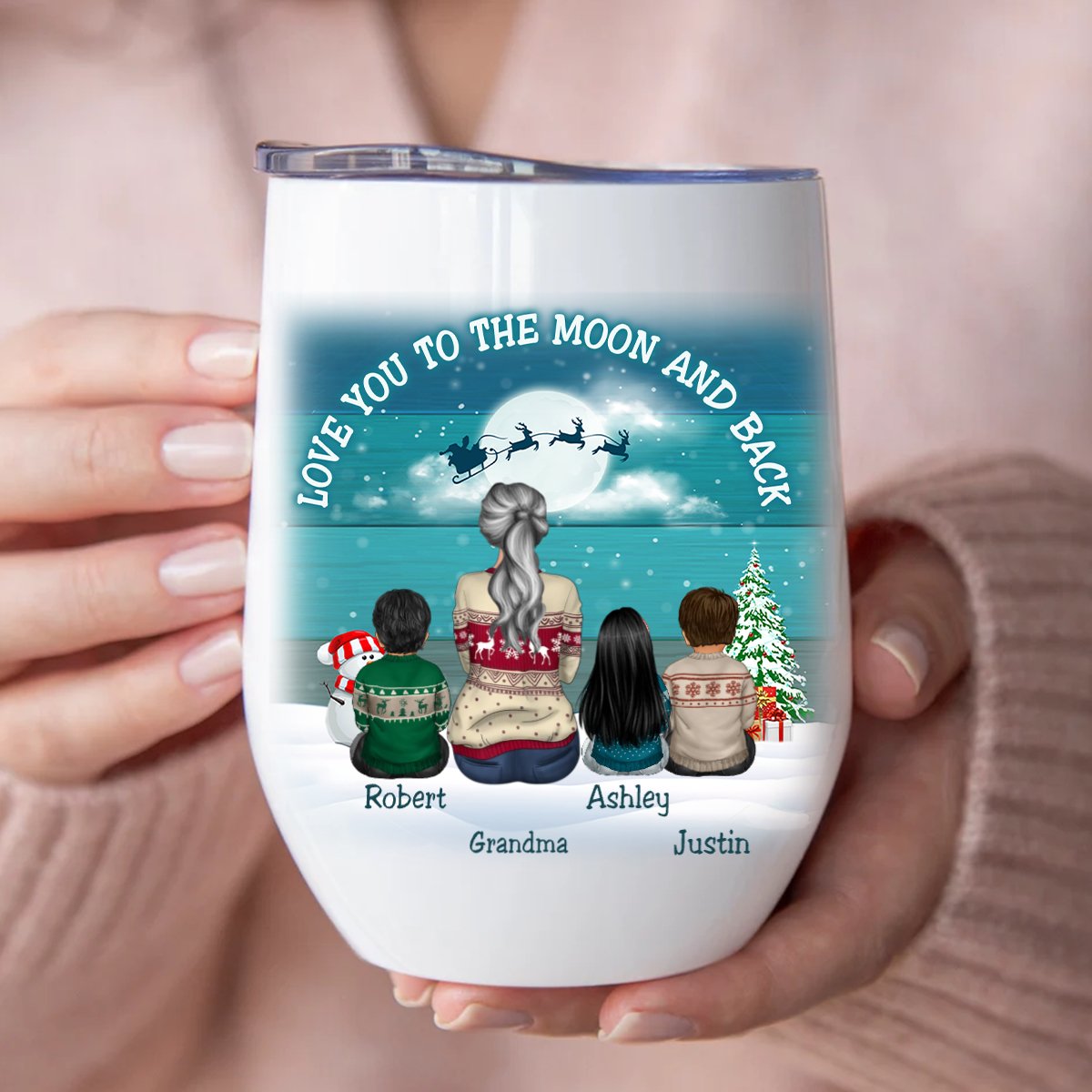 Family - Blue Palette Moon Grandma & Grandkids Back View - Personalized Wine Tumbler (LH) - Makezbright Gifts
