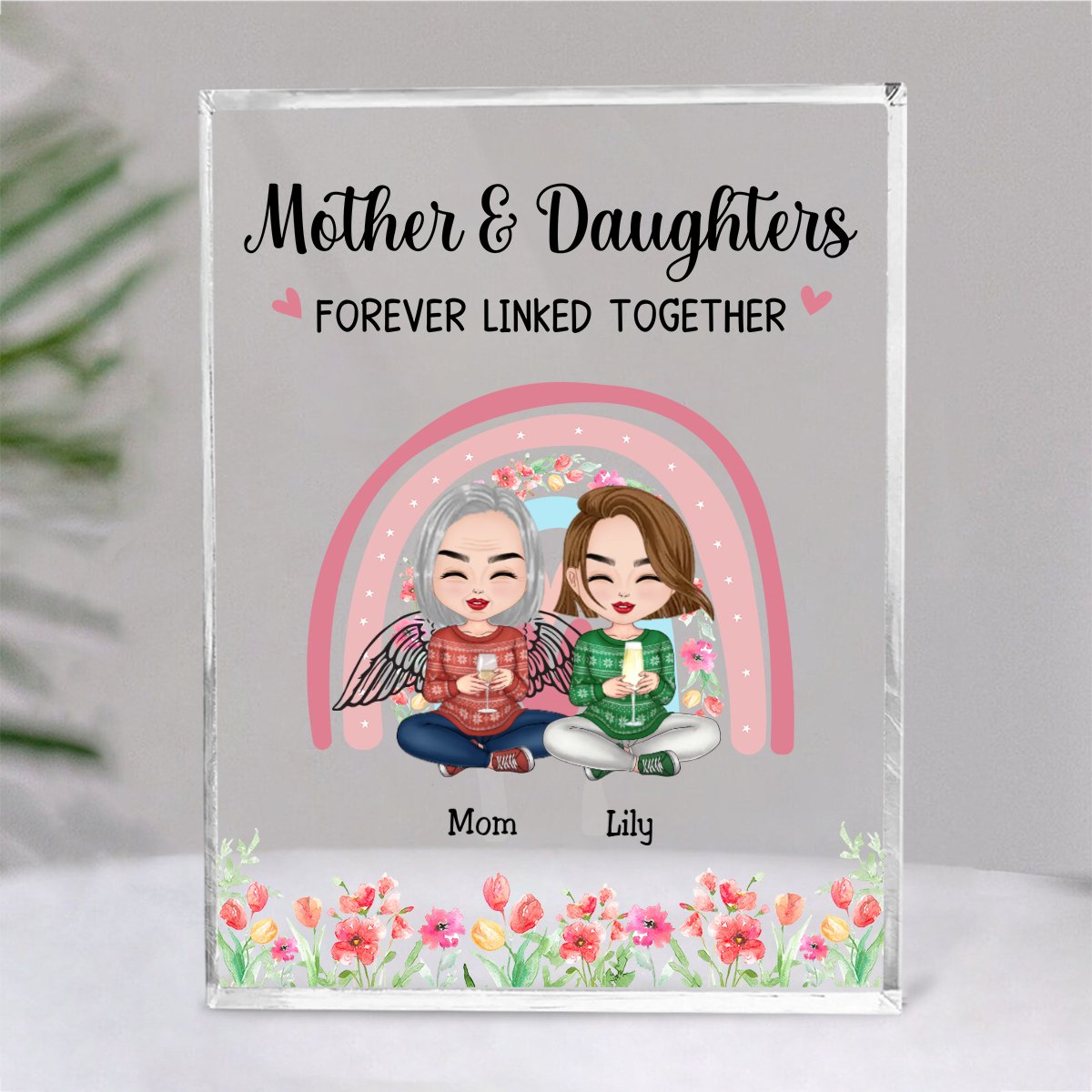 Mother - Mother Daughter Forever Linked Together Watercolor Style Women Floral Rainbow - Personalized Acrylic Plaque - Makezbright Gifts