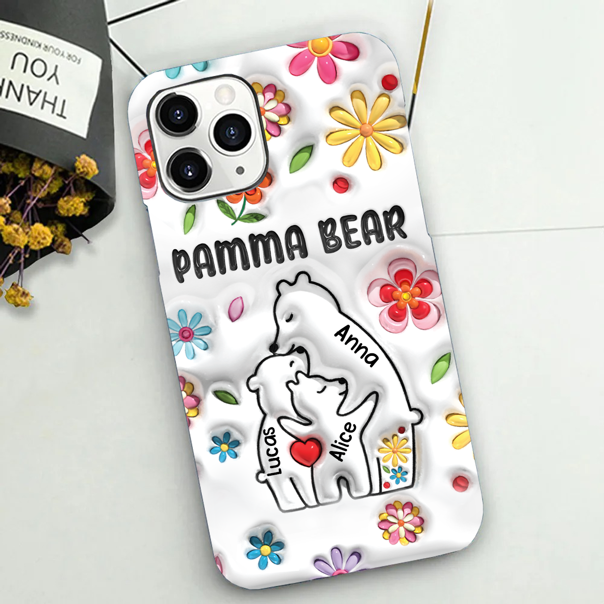 Mama Bear Floral Style - Birthday, Loving Gift For Mom, Mother, Grandma, Grandmother - 3D Inflated Effect Printed, Personalized Clear Phone Case