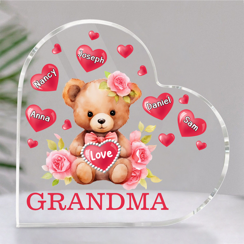 Grandma/Mom - Mama Bear With Heart Kids - Personalized Heart Acrylic Plaque
