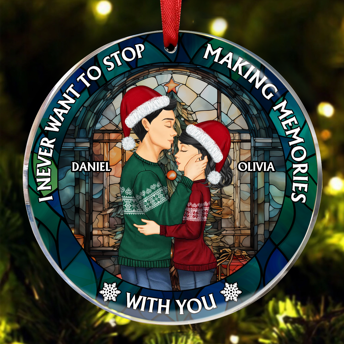 Christmas Couple Sideview Stained Acrylic Making Memories - Personalized Circle Acrylic Ornament