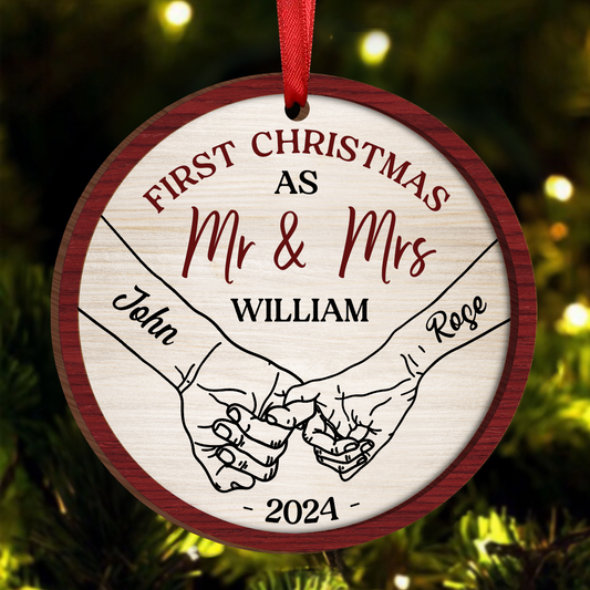 First Christmas As Mr & Mrs Couple Holding Hands - Personalized Wooden Ornament