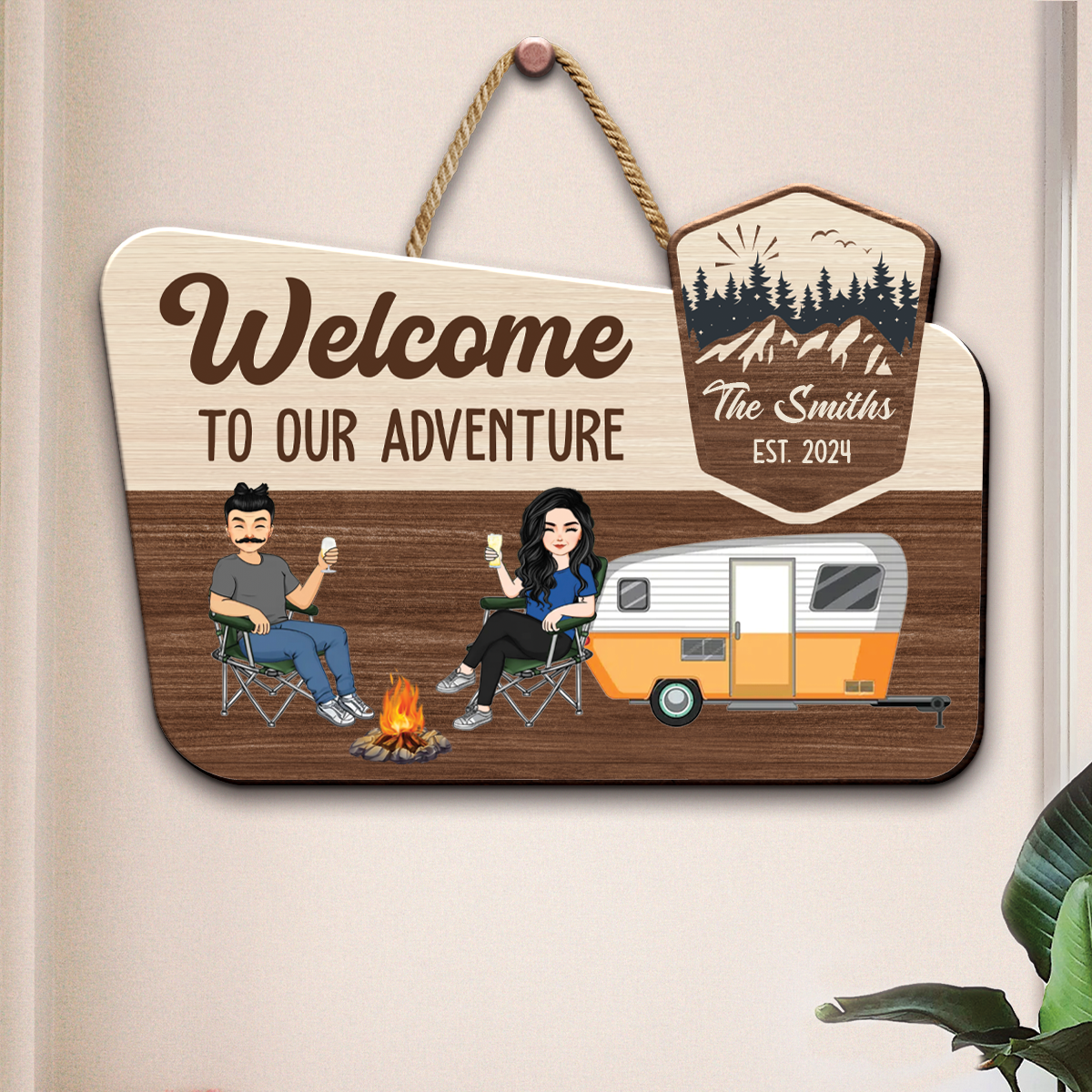 Camping Couple Welcome To Our Adventure - Personalized Custom Shaped Wood Sign