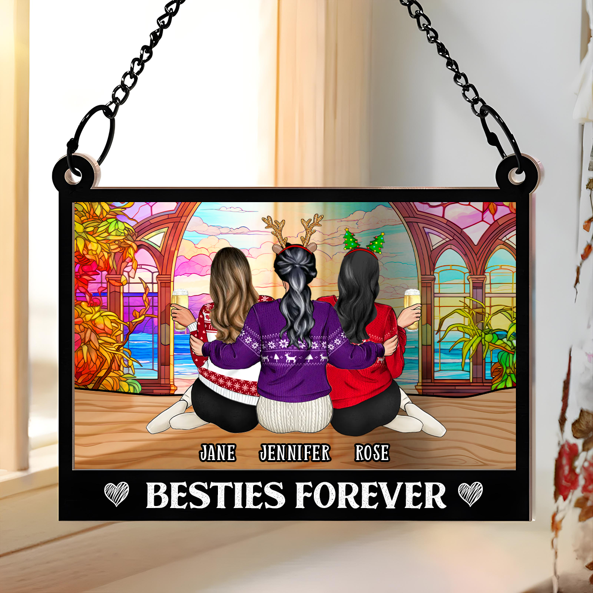 Besties Sisters Forever Landscape - Personalized Window Hanging Suncatcher Ornament