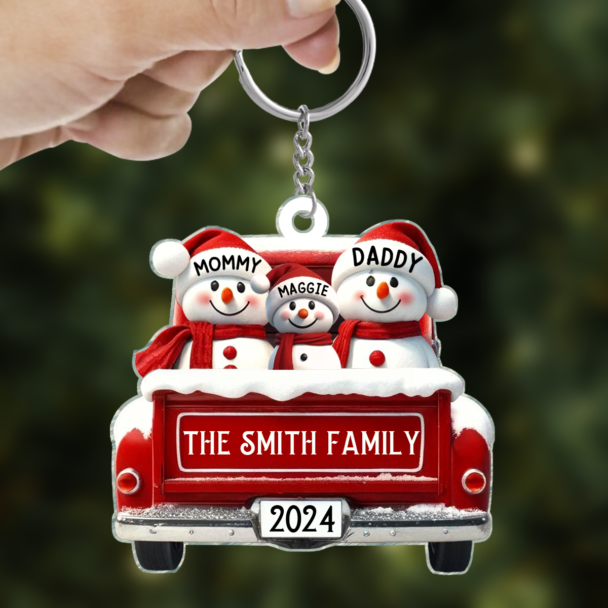 Personalized Snowman Family Acrylic Christmas Ornament, Red Truck Custom Name 3D Effect Ornament