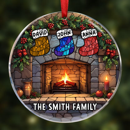 Christmas Stocking On Fireplace Family - Personalized Circle Acrylic Ornament