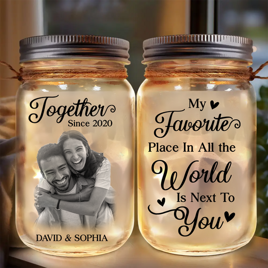 Custom Photo Our Love Is The Real Masterpiece Here - Couple Personalized Custom Mason Jar Light - Gift For Husband Wife, Anniversary