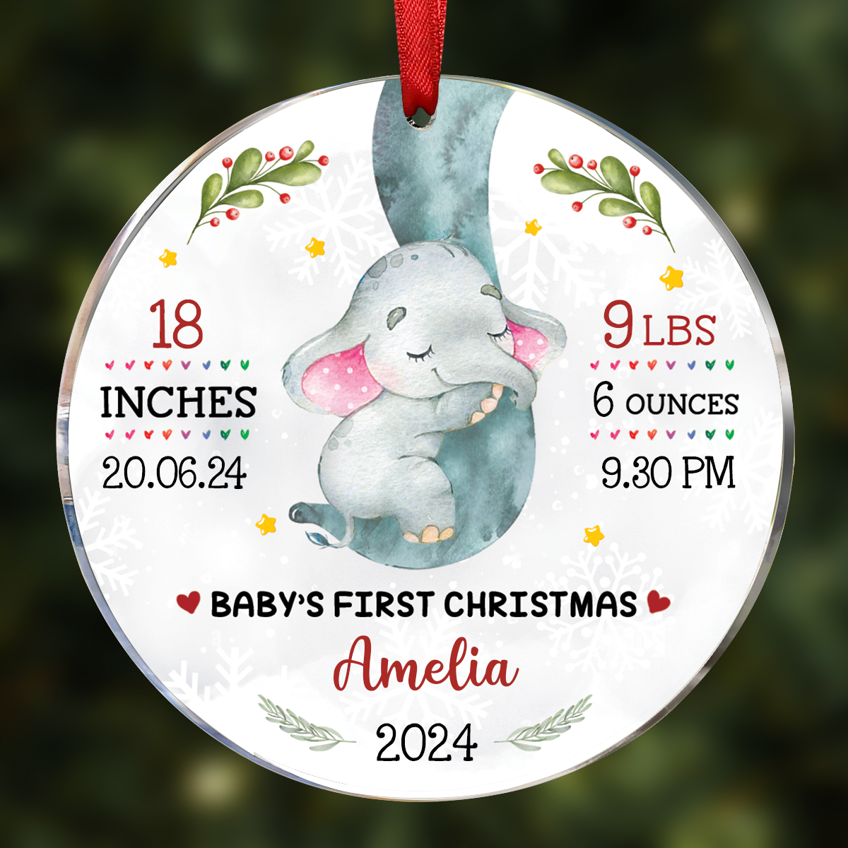 Family - Elephant Baby First Christmas 2024 - Personalized Circle Ornament