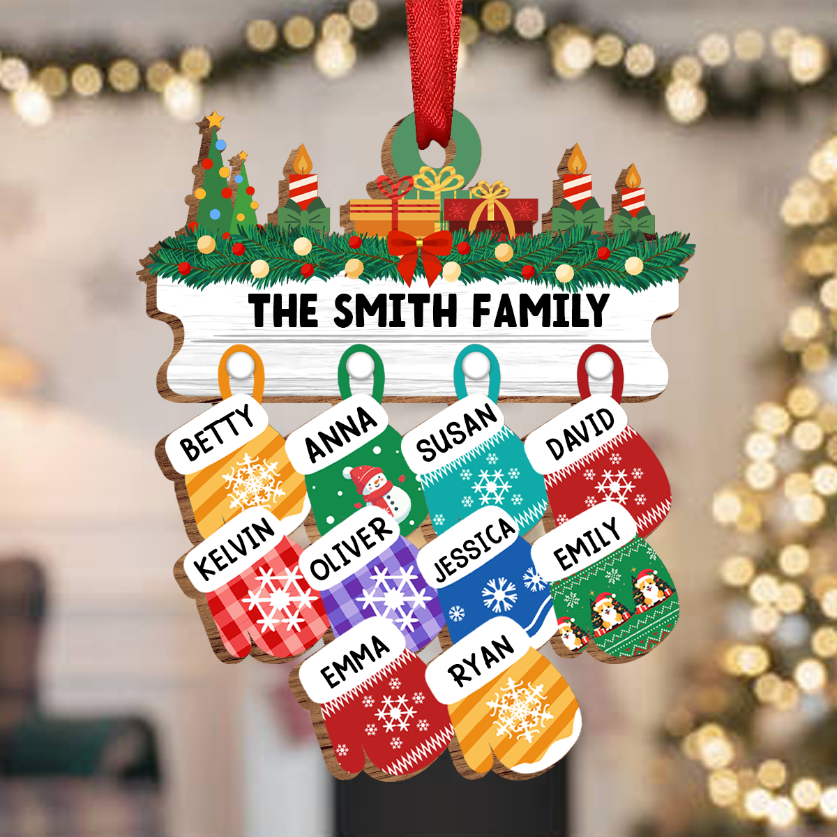 Christmas Family Warm Mittens - Personalized Wooden Cutout Ornament