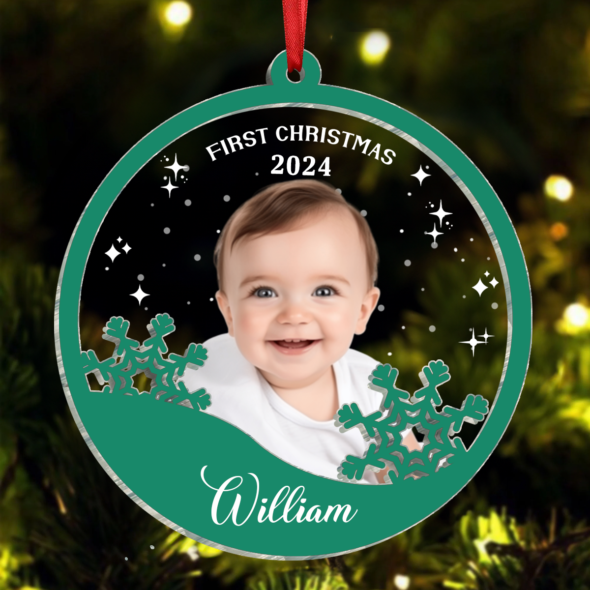 Baby's First Christmas With Snowflake - Personalized Photo Acrylic Ornament