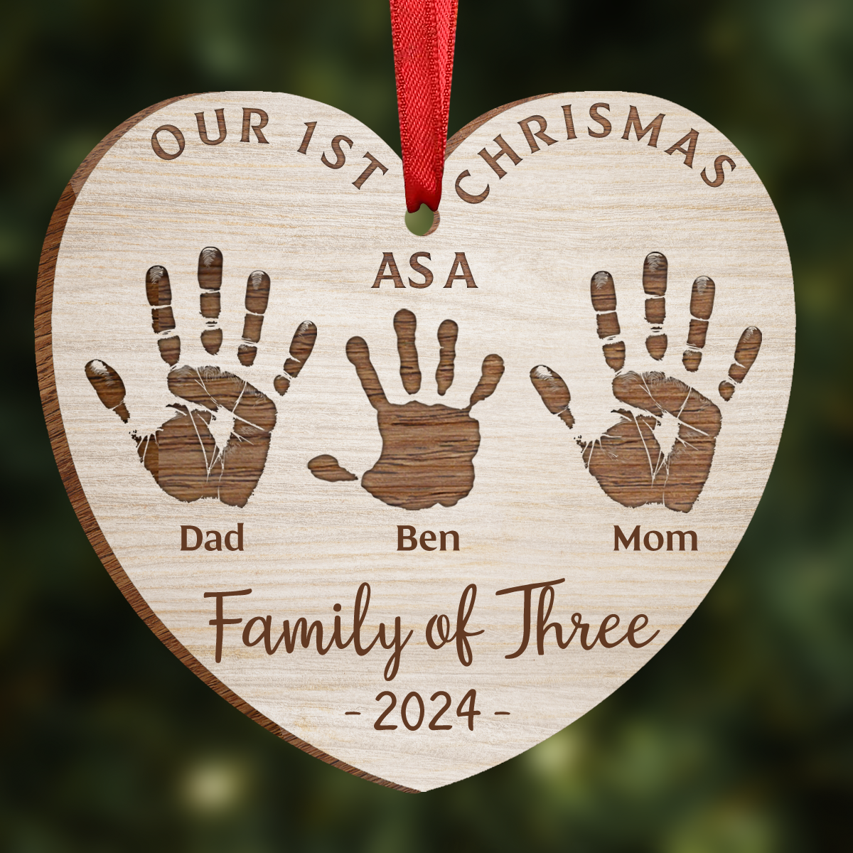 First Christmas As A Family Of Four Handprints - Personalized Custom Shaped Wooden Ornament