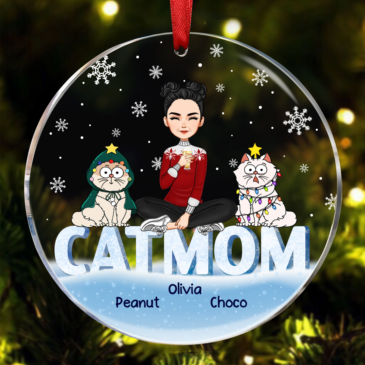 Christmas Cat Mom Cartoon Style - Personalized Circle Ornament