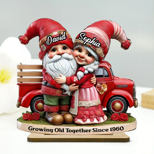 3D Effect Gnome Couple Truck Personalized 2-Layer Standing Wooden Plaque, Heartfelt 2025 Gift For Couple, For Him, For Her, Husband, Wife
