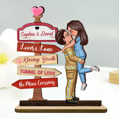 Couple Hugging Kissing Directional Sign Home Decor Personalized 2-Layer Standing Wooden Plaque
