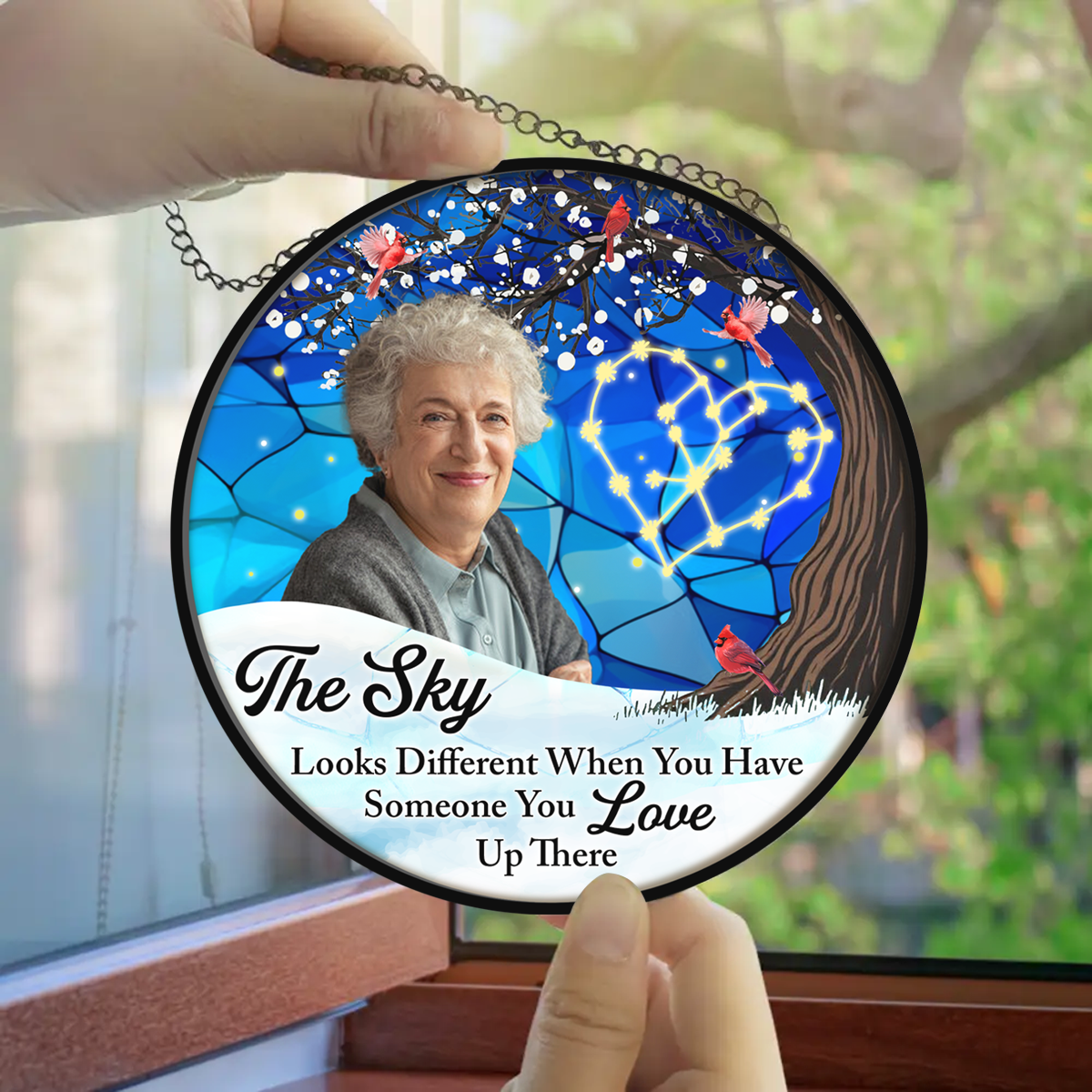 Custom Photo The Sky Looks Different Memorial Family - Personalized Stained Glass Window Hanging Suncatcher