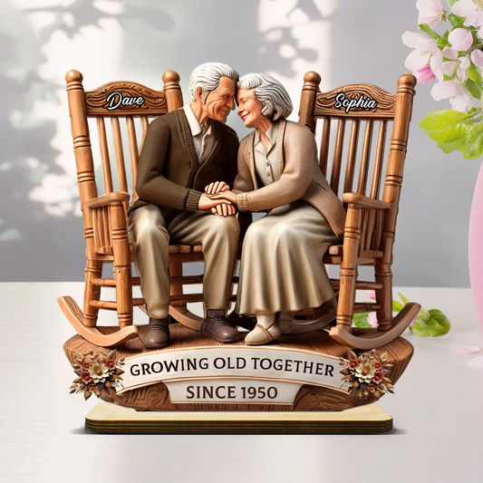 3D Effect Old Couple Sitting On Rocking Chairs Together Personalized Standing Wooden Plaque, Heartfelt Mother's Day Gift For For Her, For Wife