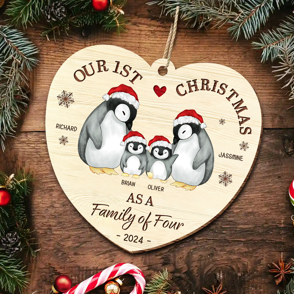 First Christmas As A Family Of Three Penguin - Personalized Custom Shaped Wooden Ornament