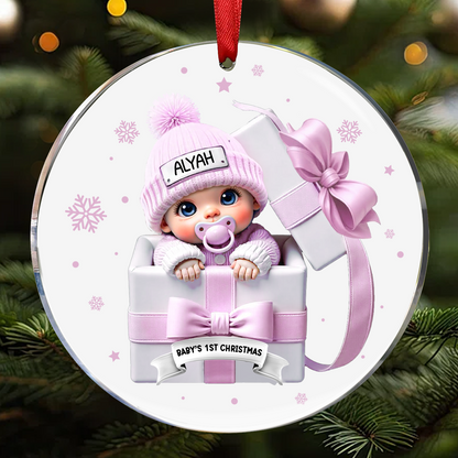 Baby Inside Gift Box Personalized Ceramic Ornament, Baby First Christmas Keepsake