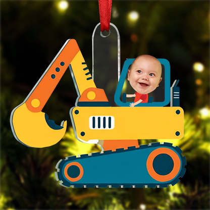 Christmas Boy Riding Construction Vehicle - Personalized Babys Photo First Christmas Ornament