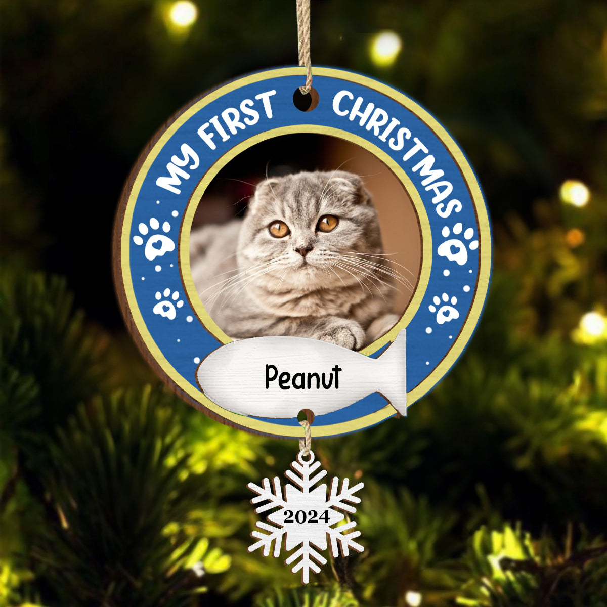 Custom Photo Dog Cat Pet's First Christmas - Personalized Mix Ornament With Wooden Tag