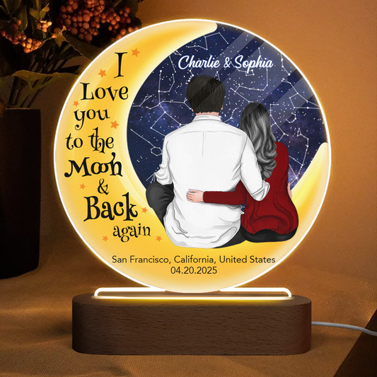 Love You To The Moon Couple Sitting On Moon Personalized Star Map Circle Acrylic Plaque With LED Night Light, Heartfelt Anniversary Gift For Her, For Him