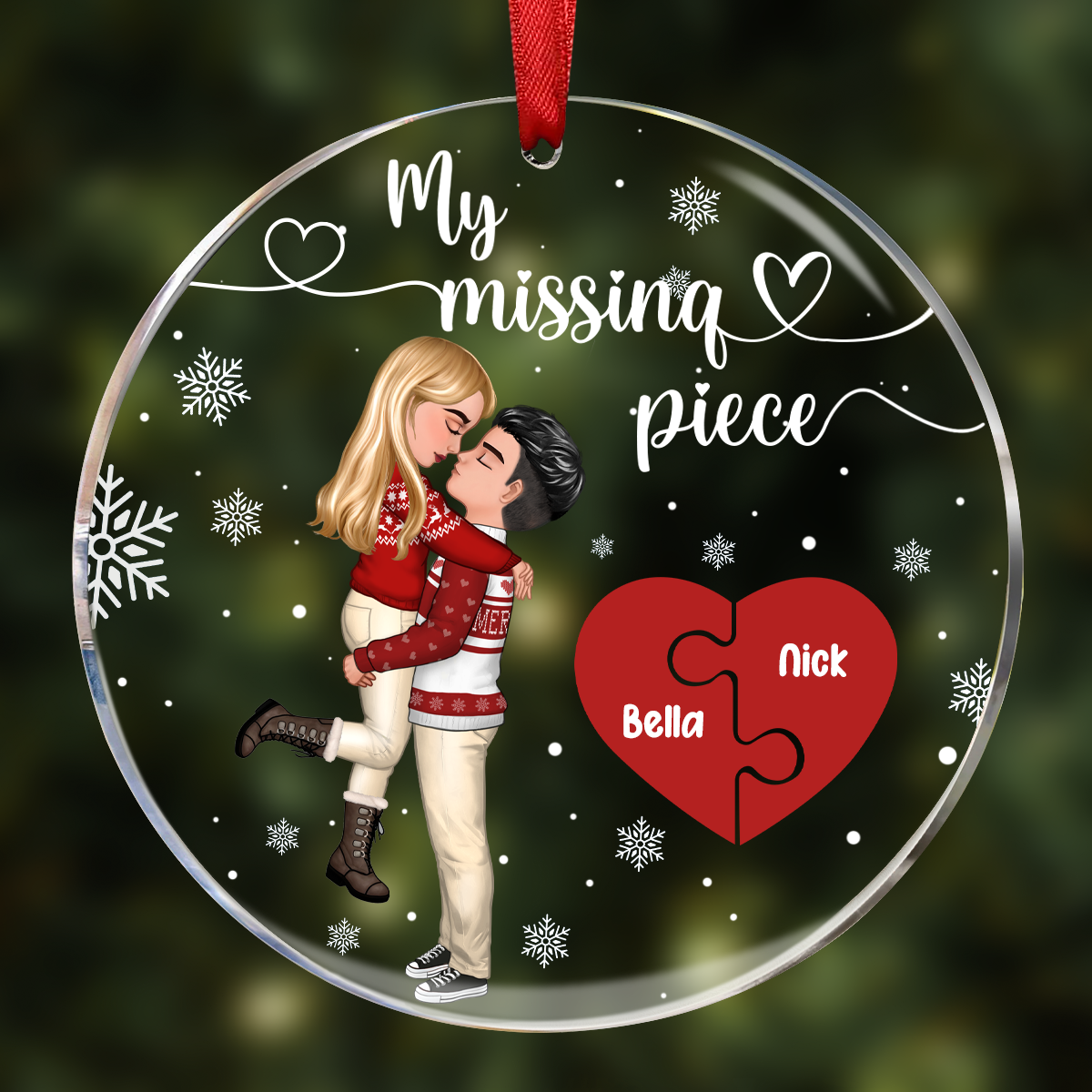 My Missing Piece Christmas Couple Hugging Kissing - Personalized Circle Acrylic Ornament