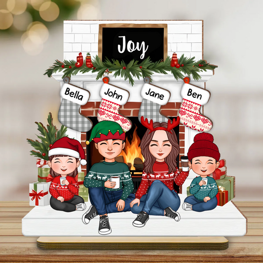 Cute Family Dad Mom Kids Sitting At Christmas Fireplace Personalized 2-Layer Standing Wooden Plaque