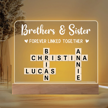 Brothers & Sisters Forever Linked Together Crossword Puzzle Art Personalized Acrylic Warm LED Night Light, Christmas Gift For Brothers, Sisters, Siblings, Family