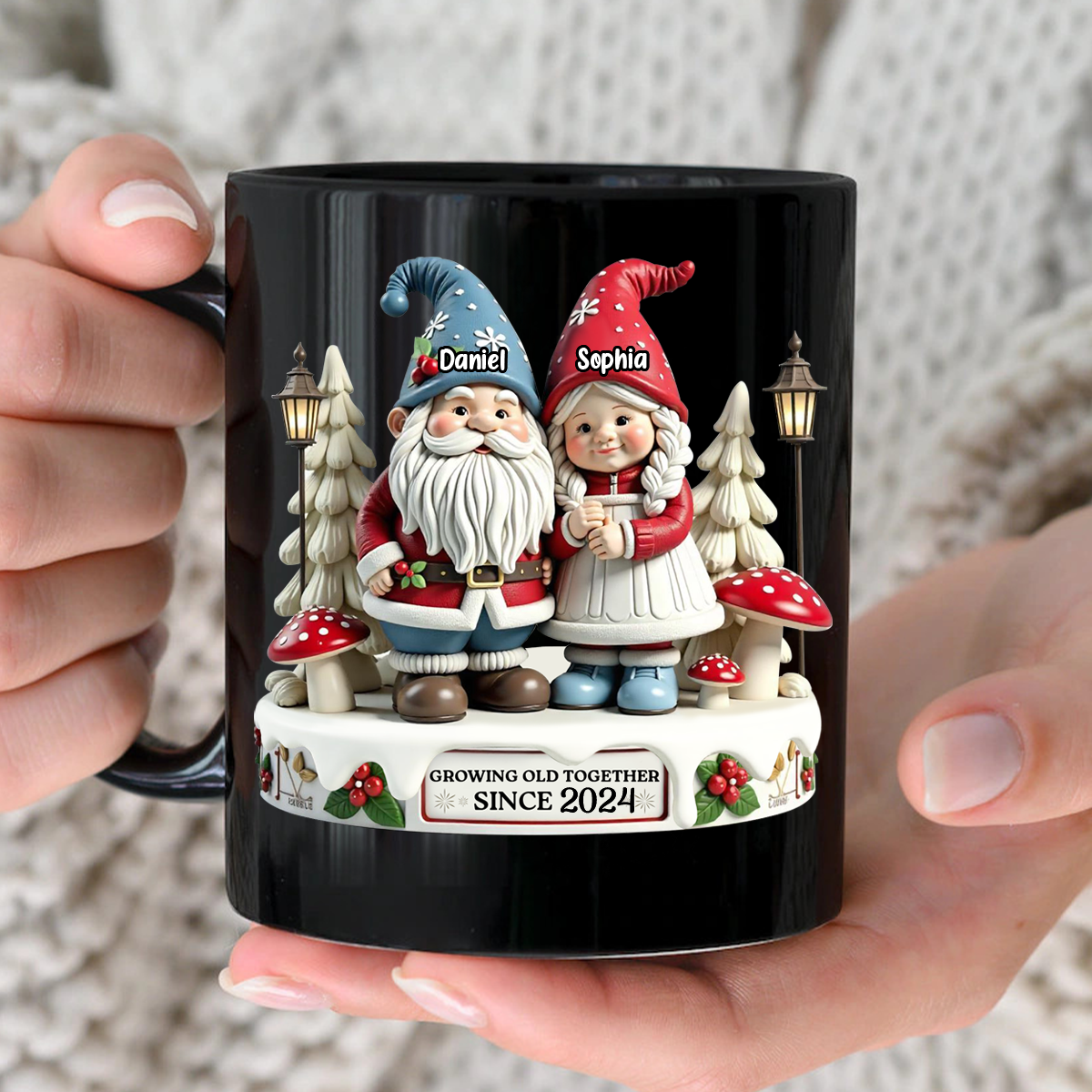 3D Effect Gnome Couple Together Personalized Mug, Heartfelt Valentine's Day Gift For Couple, For Him, For Her, Husband, Wife