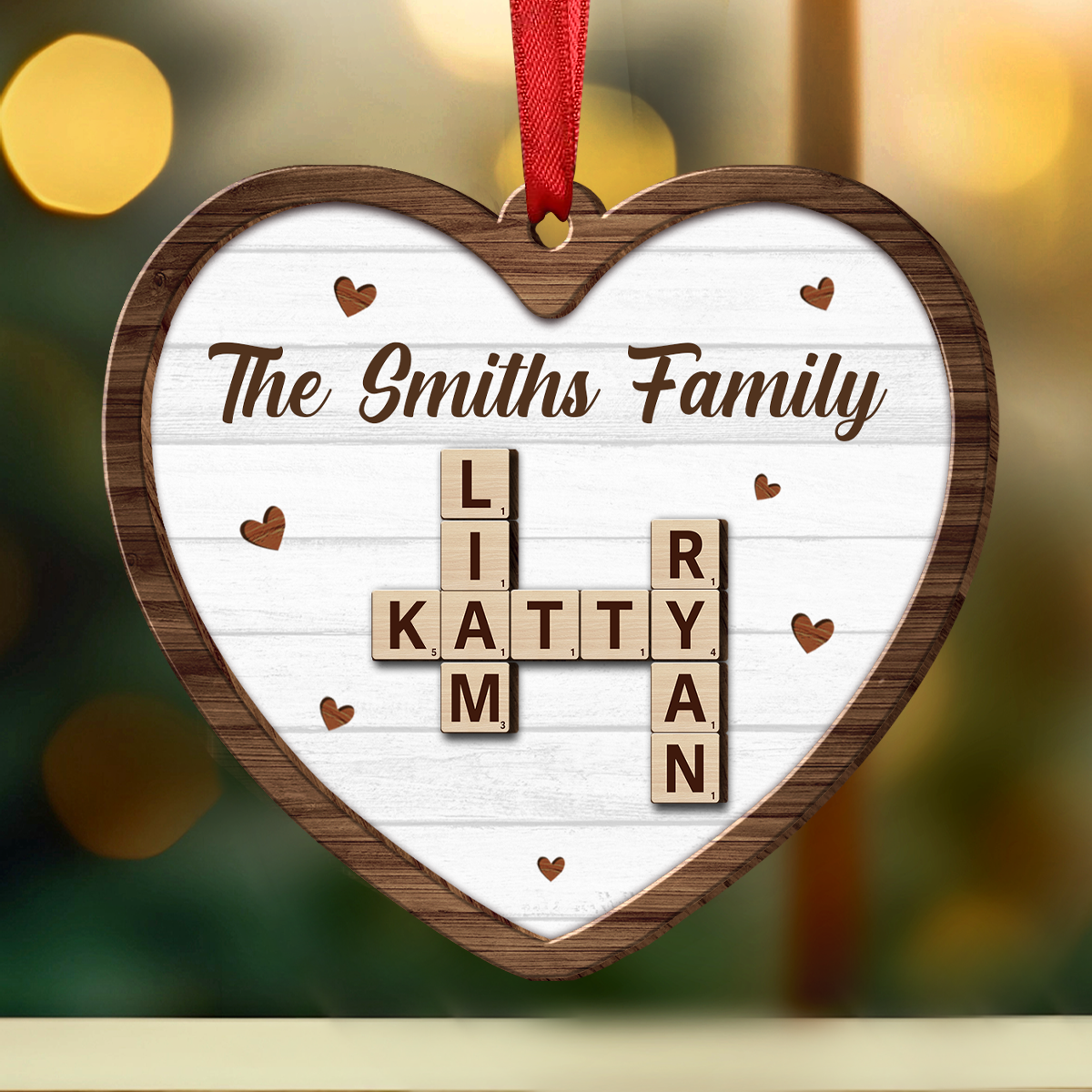 Custom Family Name Heart Crossword Scrabble - Personalized  Wooden Ornament